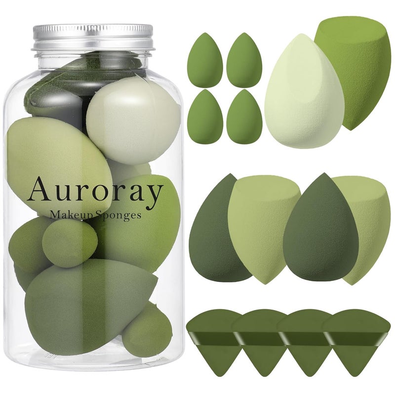 AuraRay 14 Pcs Makeup Sponge Set, Beauty Sponges Blender with 4 Pcs Powder Puff and 4 Pcs Mini Make up Sponges St. Patrick's Day Gift for Liquid,Foundation,Powder,Concealer,Cream (Green) - Image 1